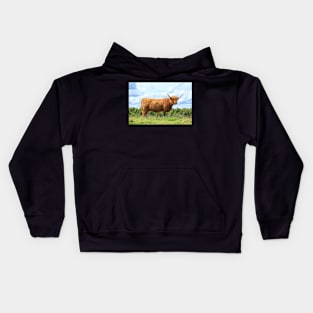 Highland cow on a sunny day Kids Hoodie